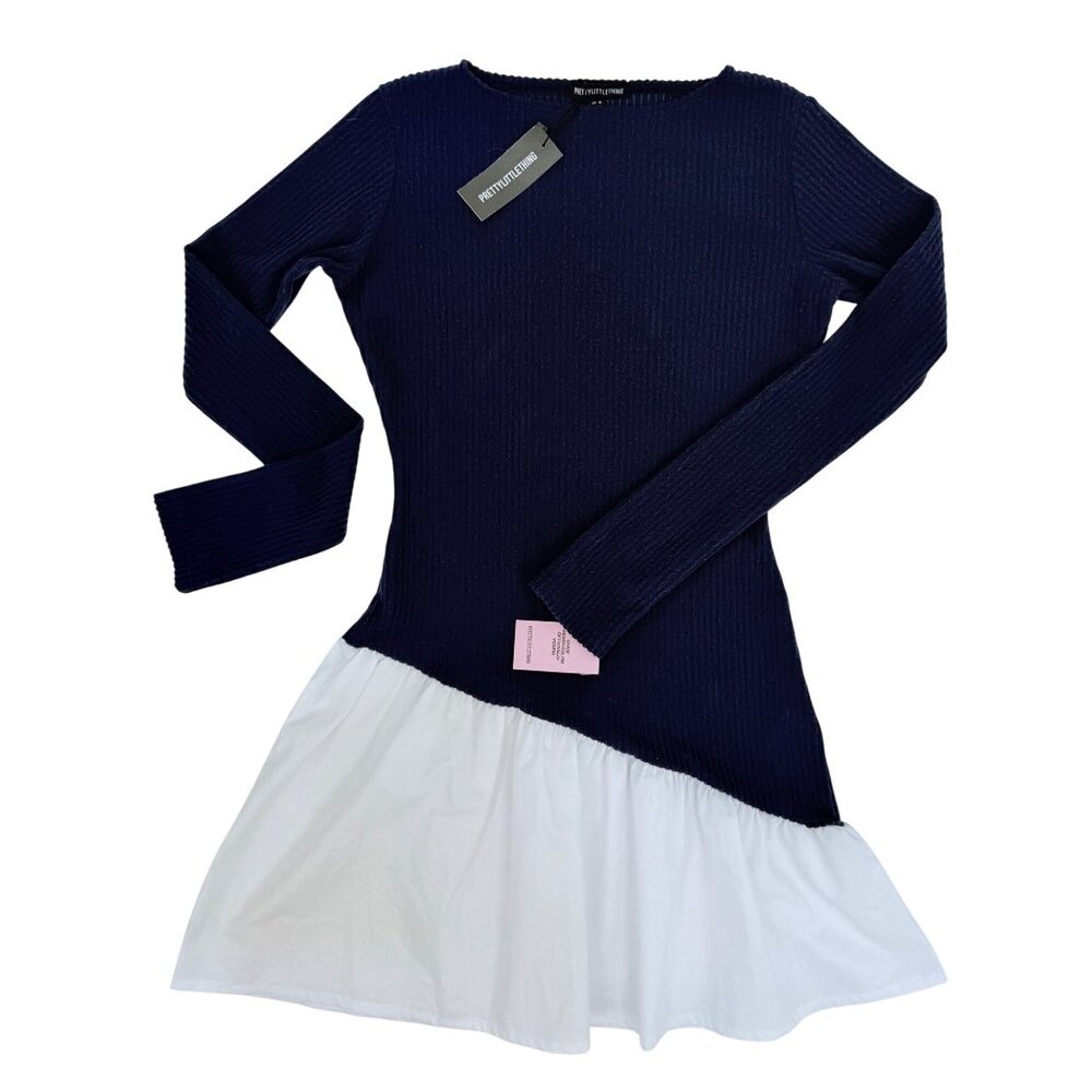 NWT PrettyLittleThing Navy Brushed Rib Asymmetric Ruffle Mini Dress Skater Style - Picture 5 of 16
